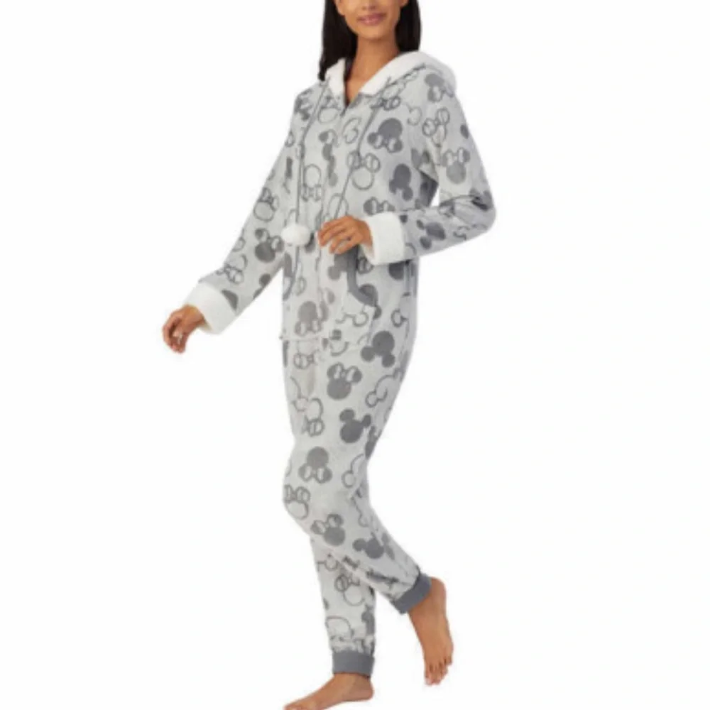 Disney Mickey & Minnie One Piece Fleece Hooded Zip Front Pajamas Size Large - Picture 2 of 11